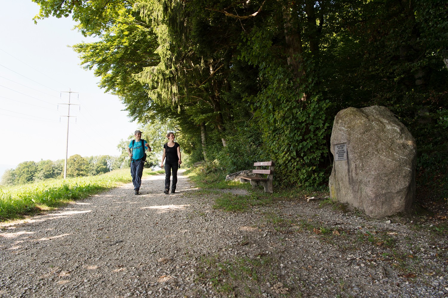 Au Pfannenstiel, les marcheurs passent devant la pierre commémorative dédiée au fondateur du tourisme pédestre. Photos: Raja Läubli