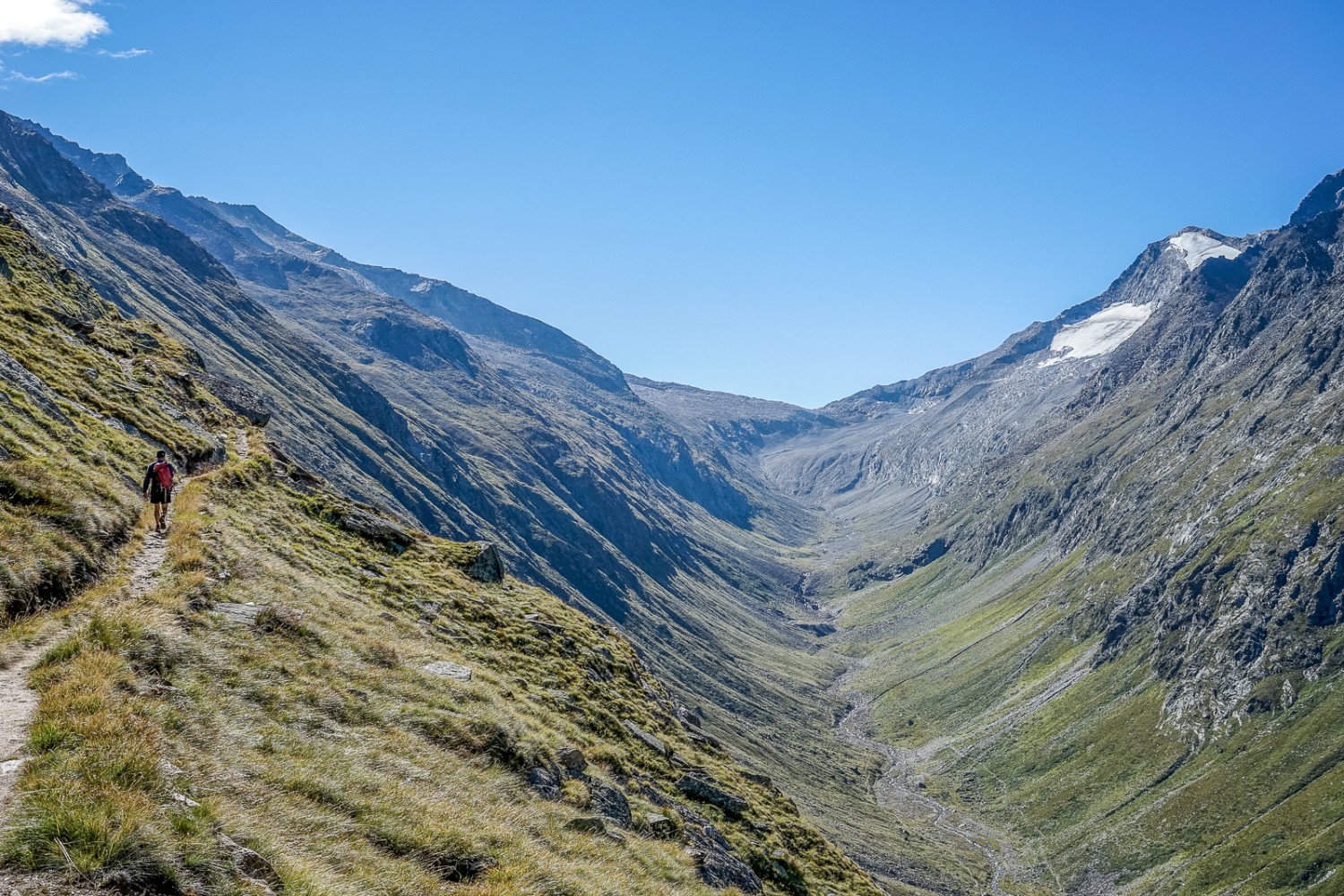 Auf dem Weg hinein ins Furggtälli. Zuhinterst der Antronapass und rechts das vergletscherte Stellihorn. Bild: Fredy Joss