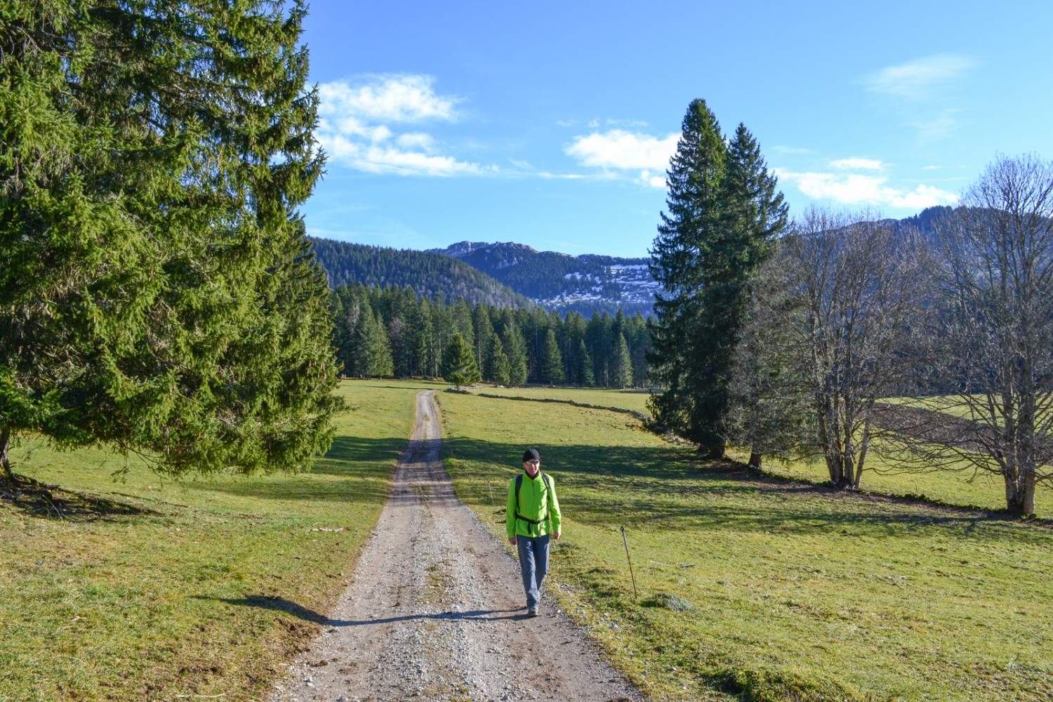 En repartant vers Saint-Olivier. Les falaises du Chasseron sont visibles au loin. Photo: Sabine Joss