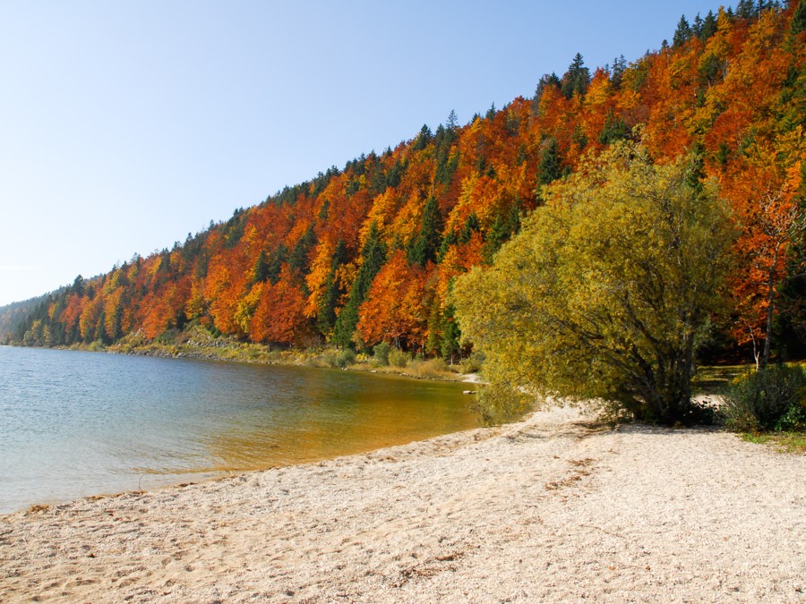 Kiesbänke ragen in den See hinaus und verlocken zum Verweilen und Spielen.