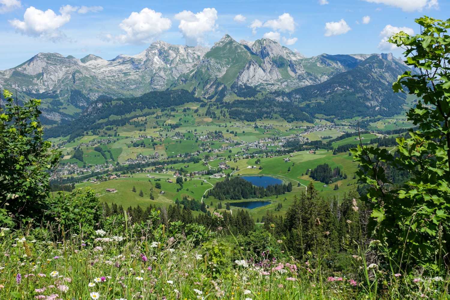 On évolue à travers des pâturages, avec vue sur le Schwendisee en contrebas. Photo: Christiana Sutter 