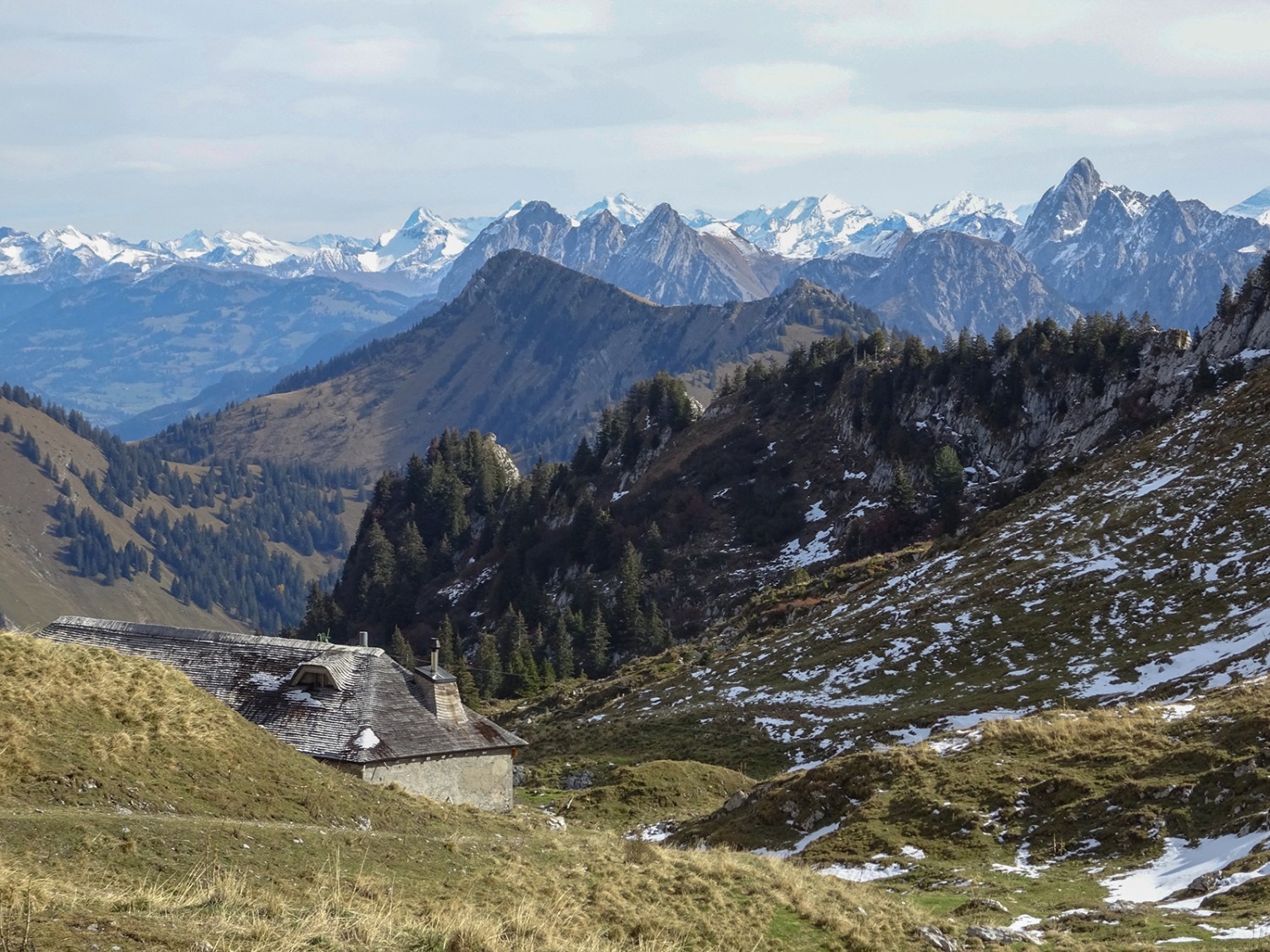 Schindelgedecktes Alpgebäude bei Naye d’en Haut.