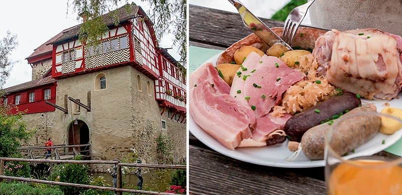 Links: Schloss Hagenwil mit ehemaliger Zugbrücke; rechts: Impression von der Bio-Metzgete im Mausacker. Hungrig geht da niemand vom Tisch!