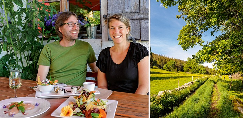 Christoph und Michèle Cordes, die sympathischen Gastgeber im L'Aubier; rechts Wanderimpression auf dem Weg zum Tête de Ran.