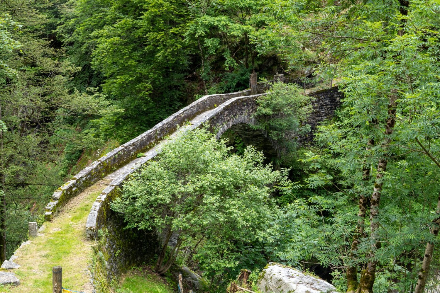 Su un ponte ad arco in pietra si attraversa il fiume Ribo.